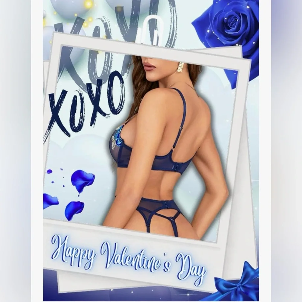 Blue Floral Embroidered Mesh Lingerie Set 4pc Garter Sheer Lace - Picture 4 of 7